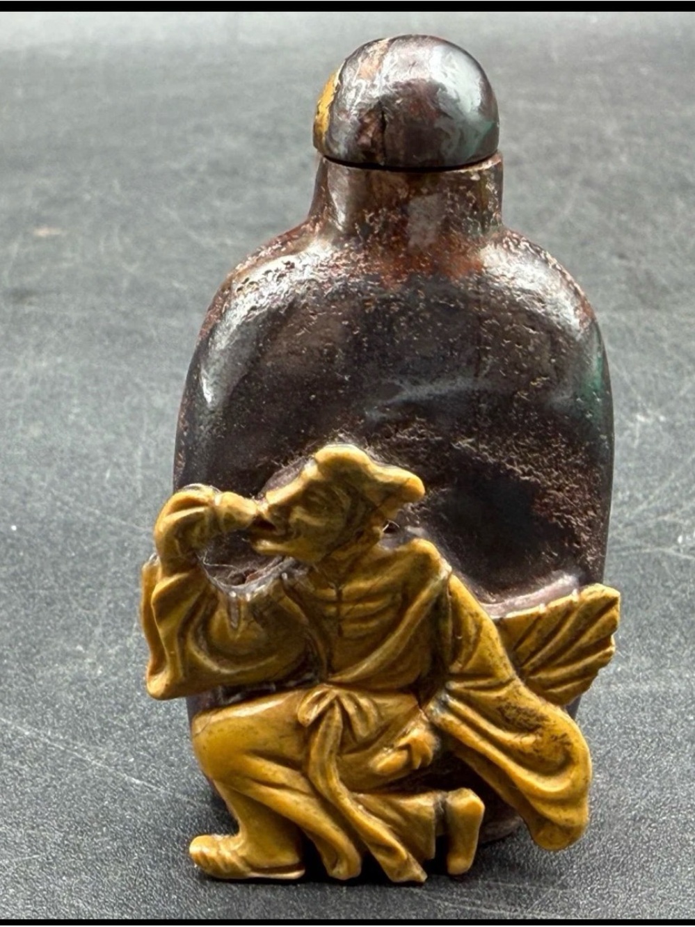 Vintage Chinese Hand Carved Tiger Iron Snuff Bottle - Scholar Figure 3.25"